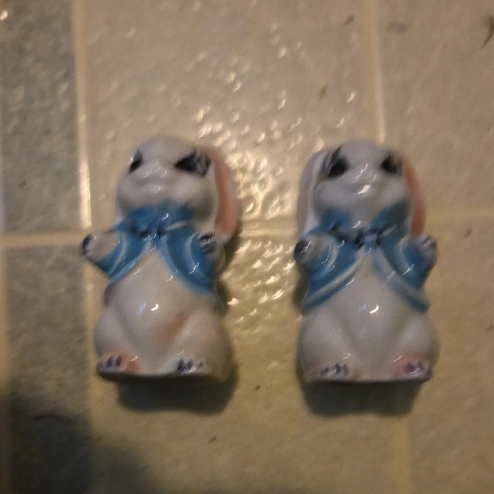 Ceramic Bunny Figurines - Blue and White Anthropomorphic Salt An Pepper Shakers